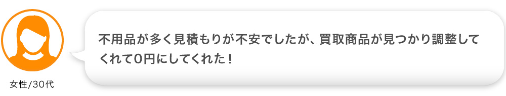 不用品が多く見積もりが不安でしたが、買取商品が見つかり調整して
              くれて0円にしてくれた！